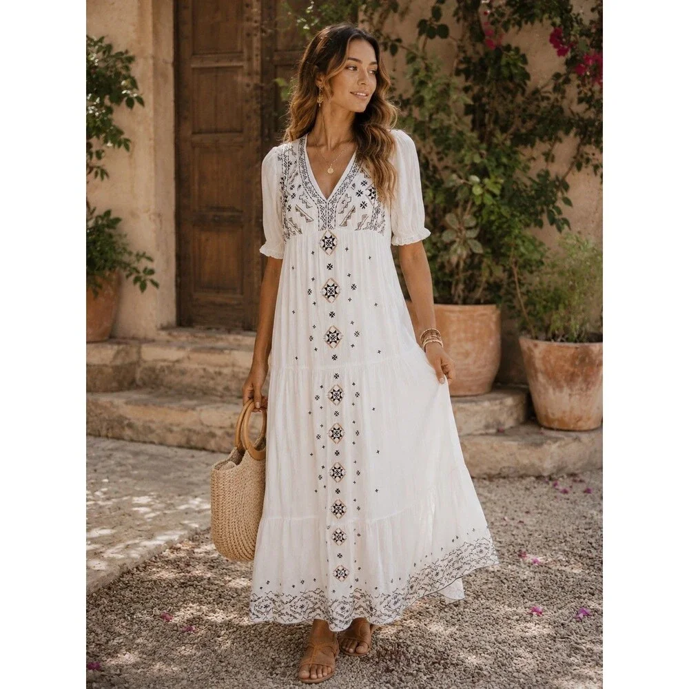 Knox Rose Ivory Boho Embroidered Cotton Lined Tiered Maxi Dress Size XS